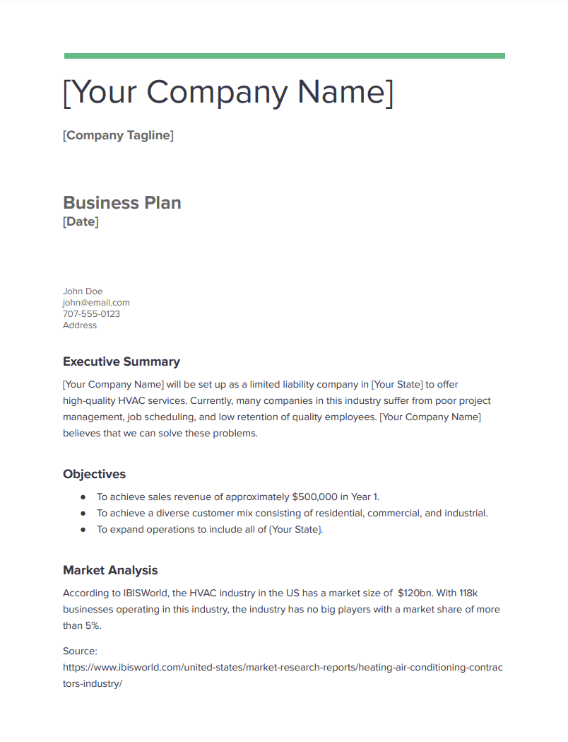 hvac startup business plan