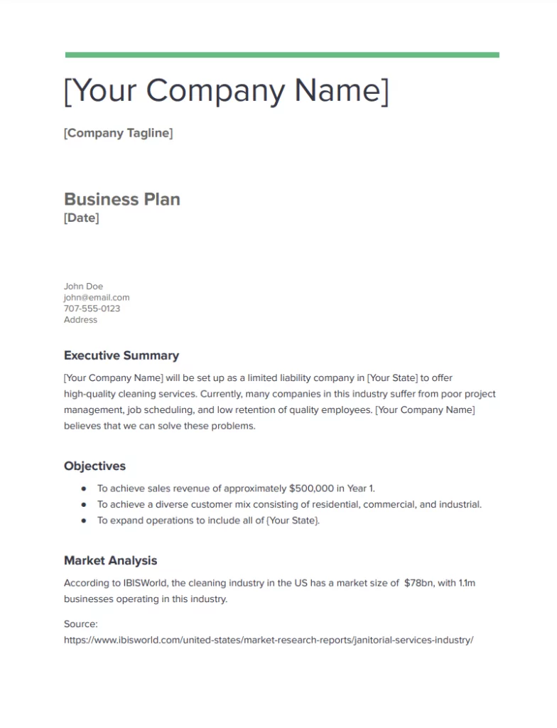example of a cleaning service business plan